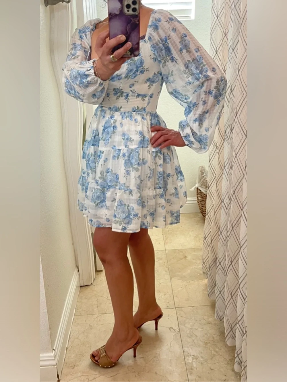 NWOT Altar'd State White Mini Dress with Blue Floral Print - Picture 1 of 10